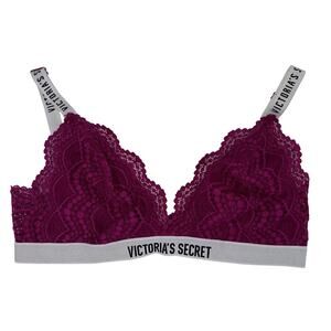 VICTORIA'S SECRET Lace Bralette Bra Large Magenta Adjustable‎ Straps VS Branding
